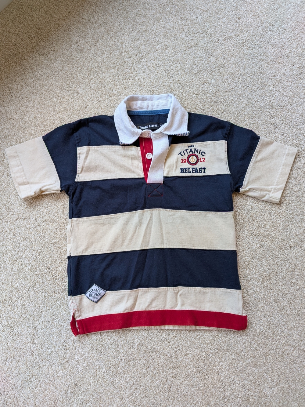 Navy, Cream, & Red Striped Rugby Polo Shirt From Titanic Belfast, Size 5-6